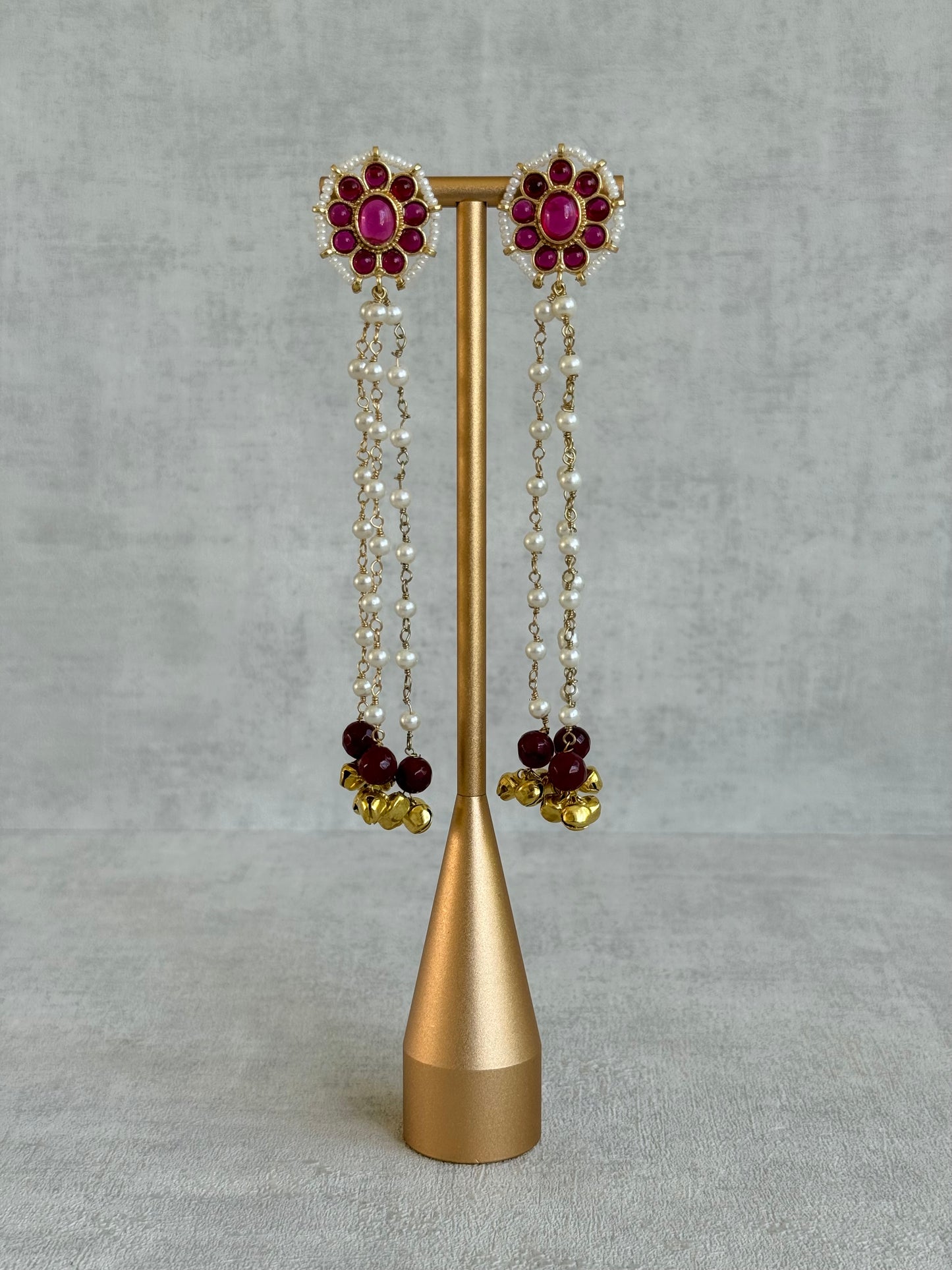 Ayura Designs Noorzar Earrings – Duster Earrings with Ruby Pink Stones, Maroon Beads, Pearl Chains & Ghungroo Detailing