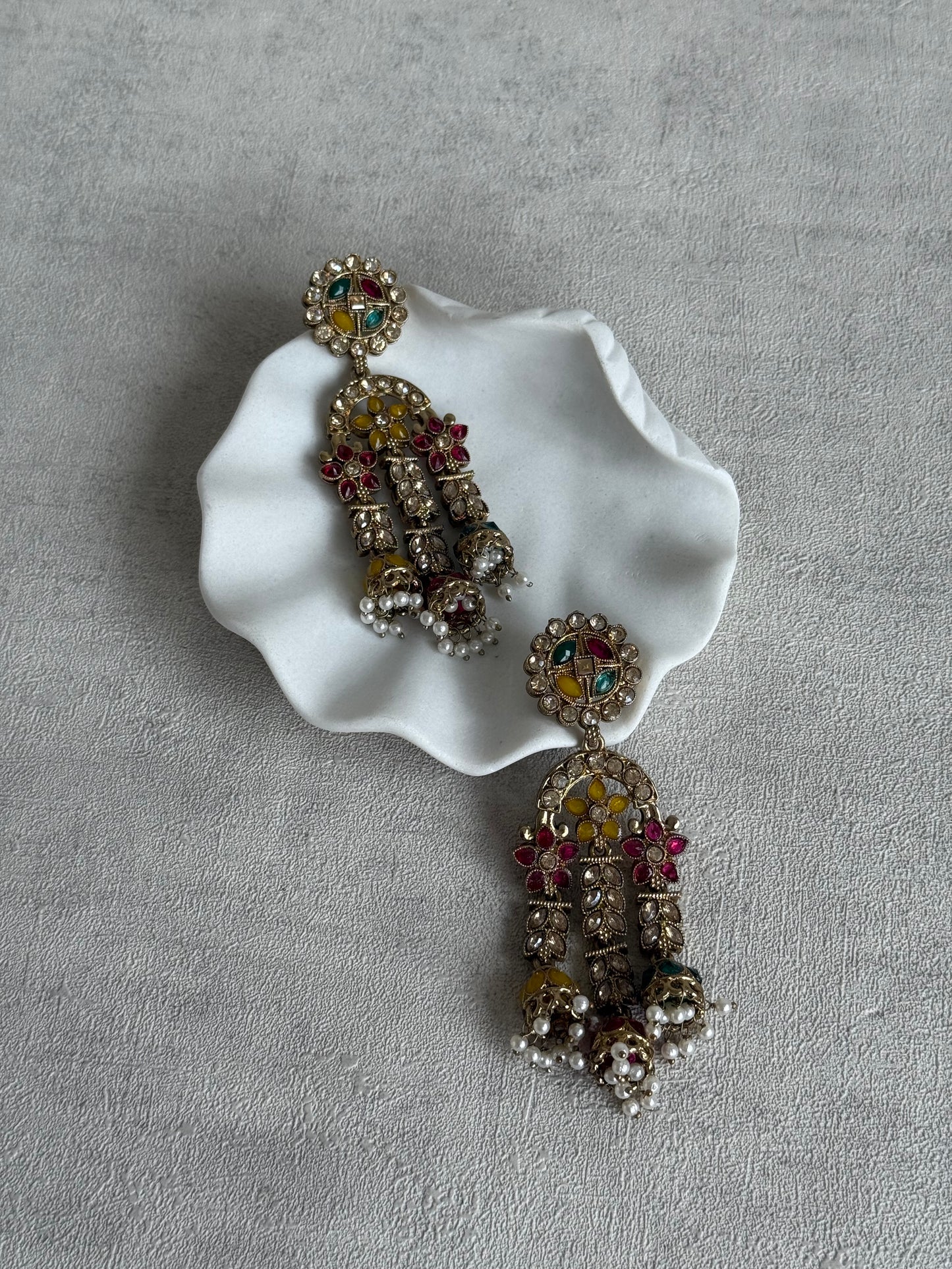 Ayura Designs Soraya Earrings – Multicolour Stones, Champagne Crystals, Pearl Detailing & Gold Finish