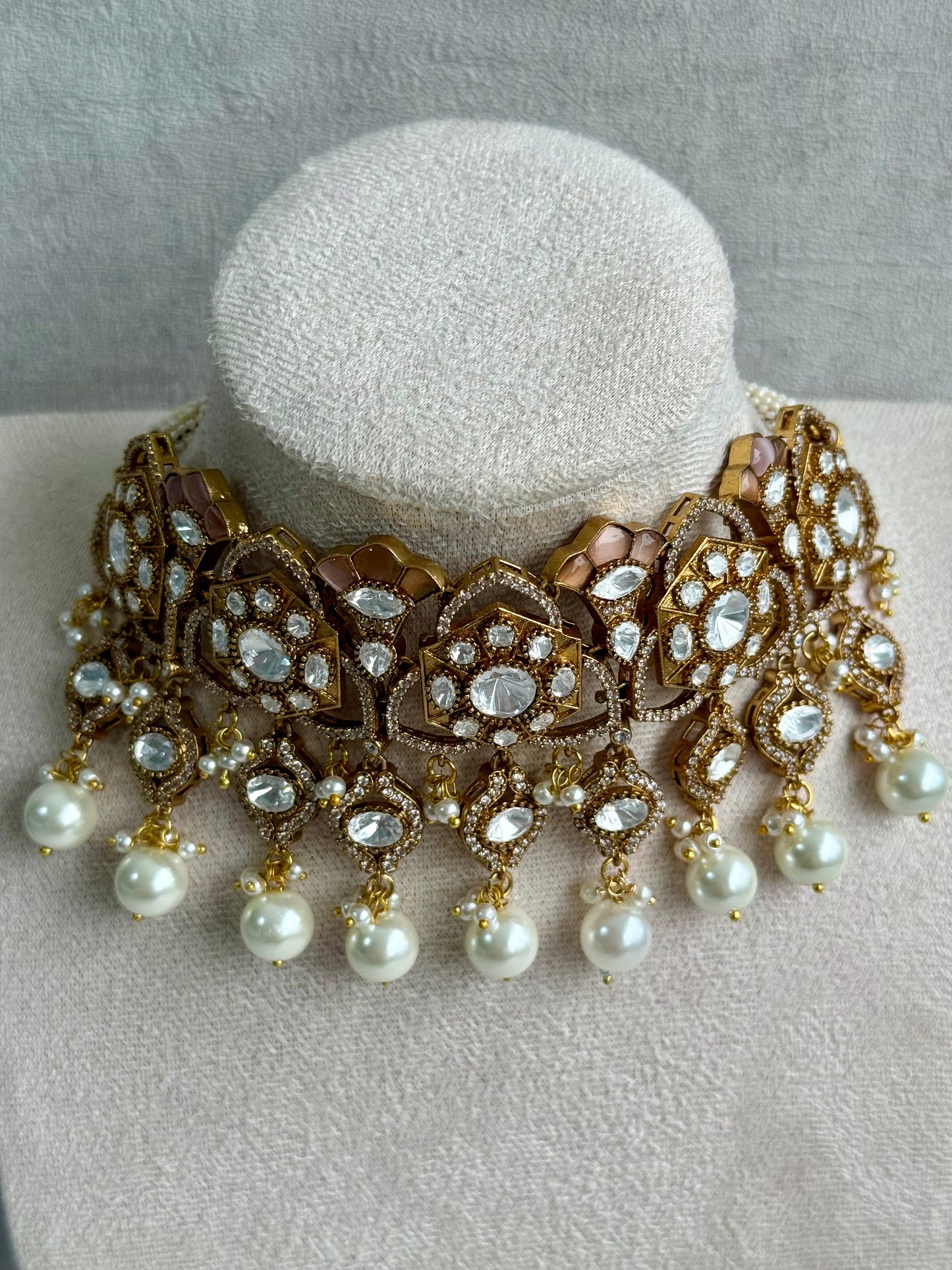 Ayura Designs Serina Choker Set with Earrings – Nude Blush Enamel, Mirror-Cut Stones & Pearl Drops