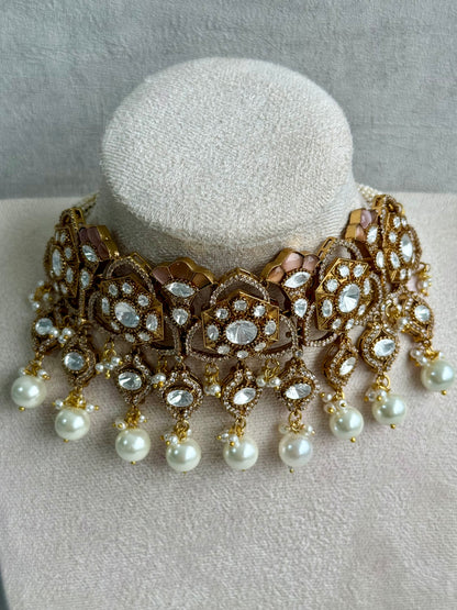 Ayura Designs Serina Choker Set with Earrings – Nude Blush Enamel, Mirror-Cut Stones & Pearl Drops