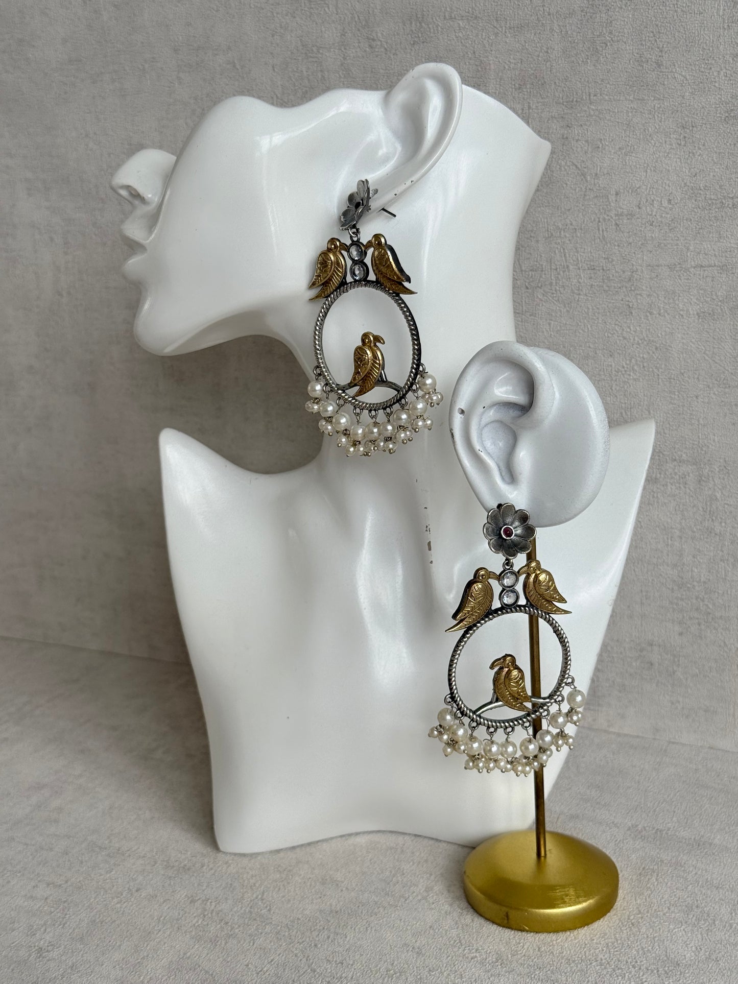 Ayura Designs Wasl Earrings – Dual Tone Oxidised Bird Hoop Earrings with Pearl Clusters