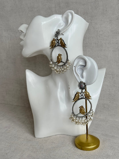 Ayura Designs Wasl Earrings – Dual Tone Oxidised Bird Hoop Earrings with Pearl Clusters