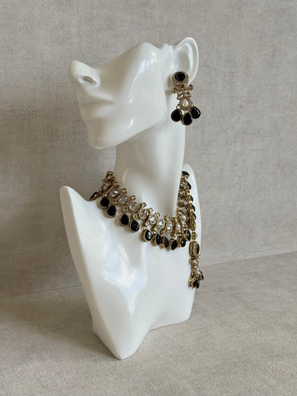 Ayura Designs Ava Necklace Set with Earrings & Tikka – Black Stone & Mirror-Cut Necklace Set in Antique Gold Finish