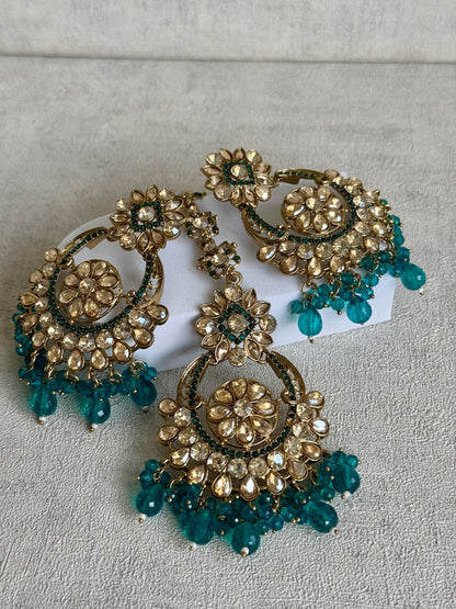 Ayura Designs Feroza Tikka & Earrings Set – Gold-Plated with Handcrafted Kundan Work, Teal Bead Droplets & Intricate Floral Motifs