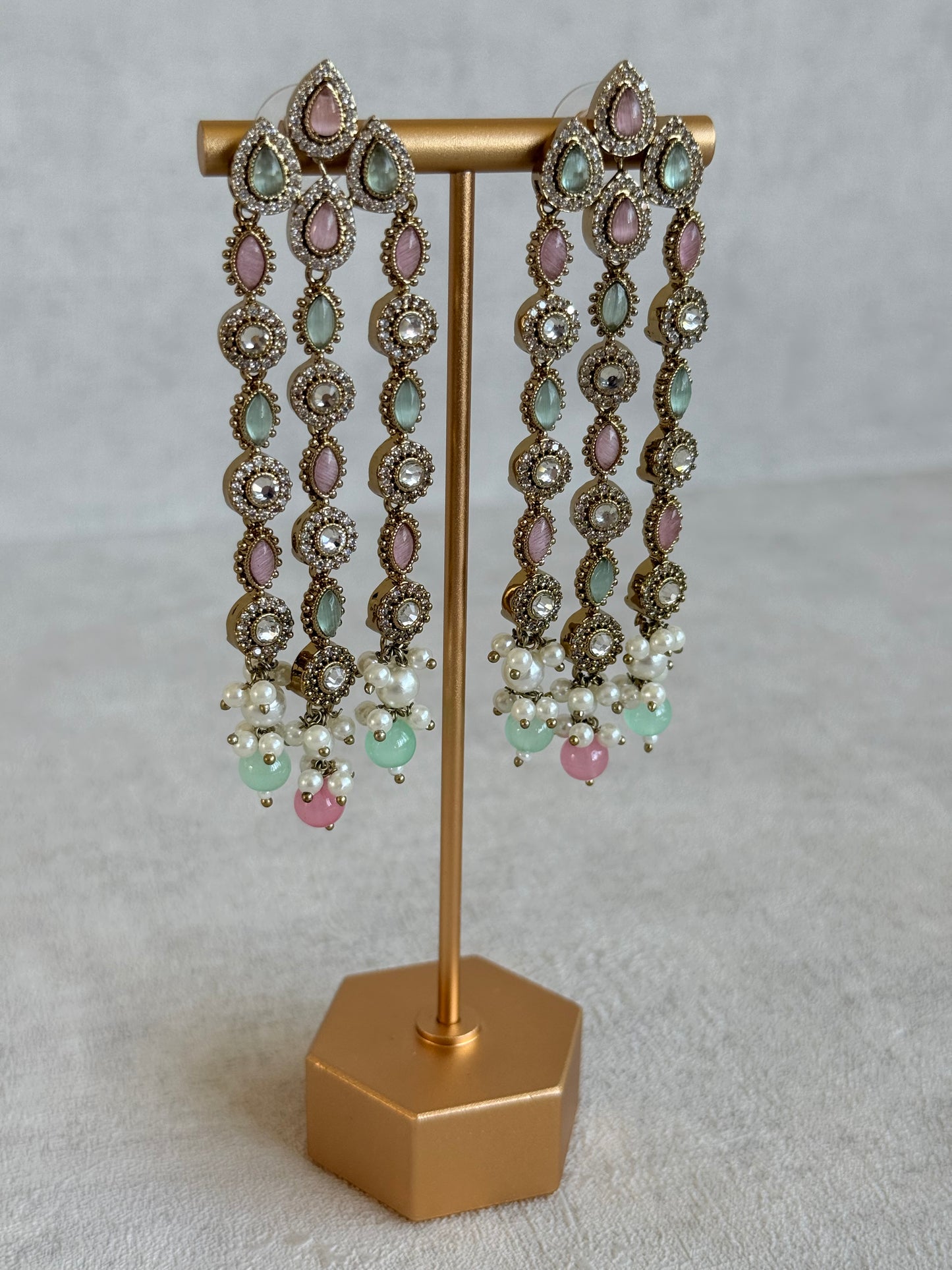 Ayura Designs Emilia Earrings – Gold Triple Strand Statement Earrings with Mint Green & Blush Pink Stones & Pearl Drops