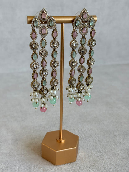 Ayura Designs Emilia Earrings – Gold Triple Strand Statement Earrings with Mint Green & Blush Pink Stones & Pearl Drops