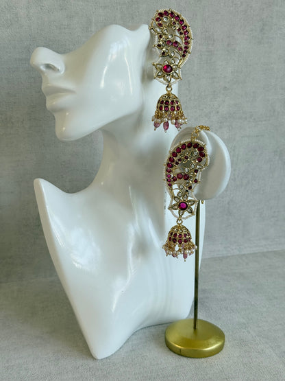Ayura Designs Urisha Ear Climber Jhumkis – Ruby Pink, Kundan & Pearl Detailing
