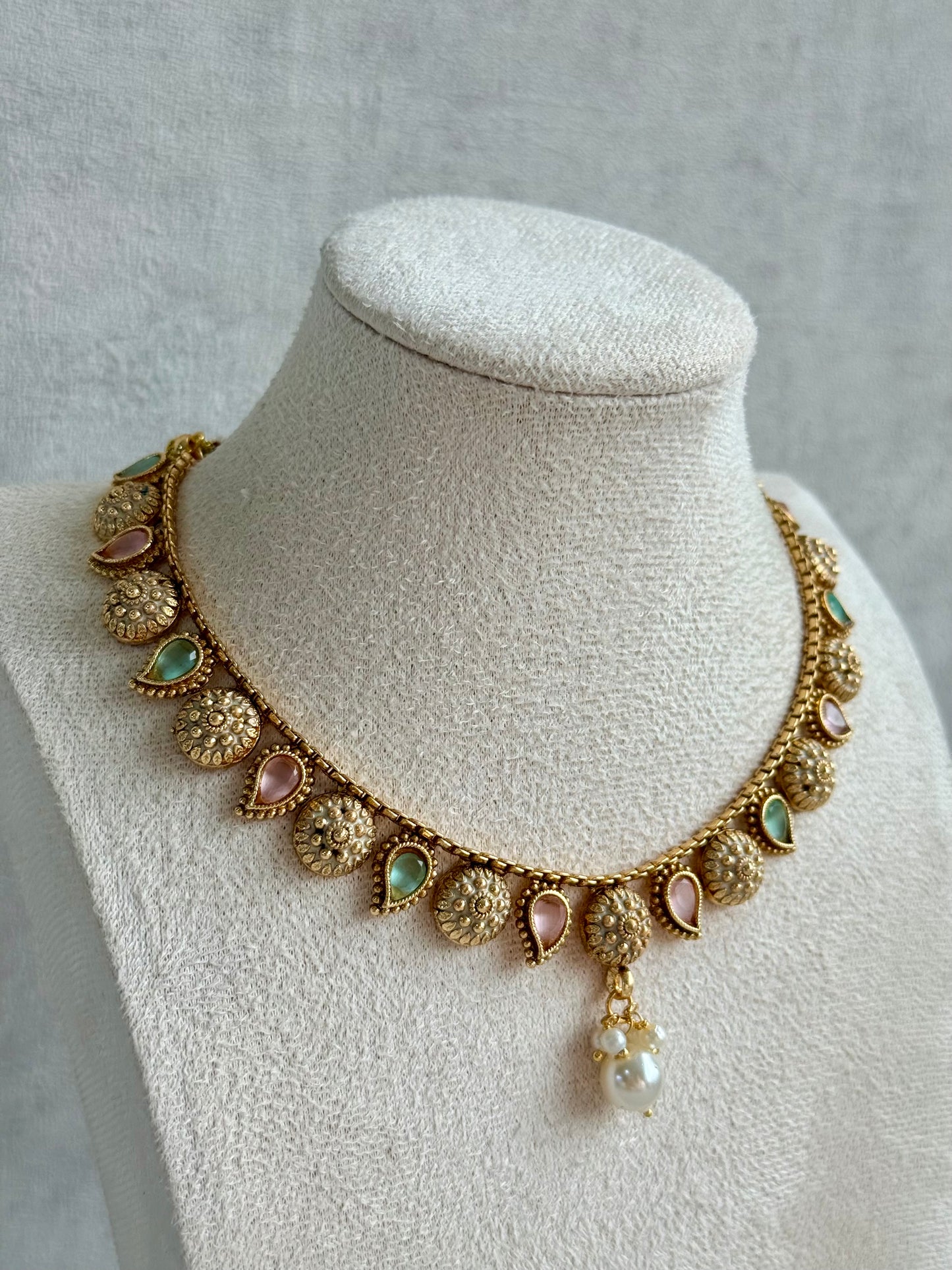Ayura Designs Mayura Necklace Set with Earrings – Antique Gold Meenakari Motifs with Pearl Drop & Blush Pink and Mint Green Stones