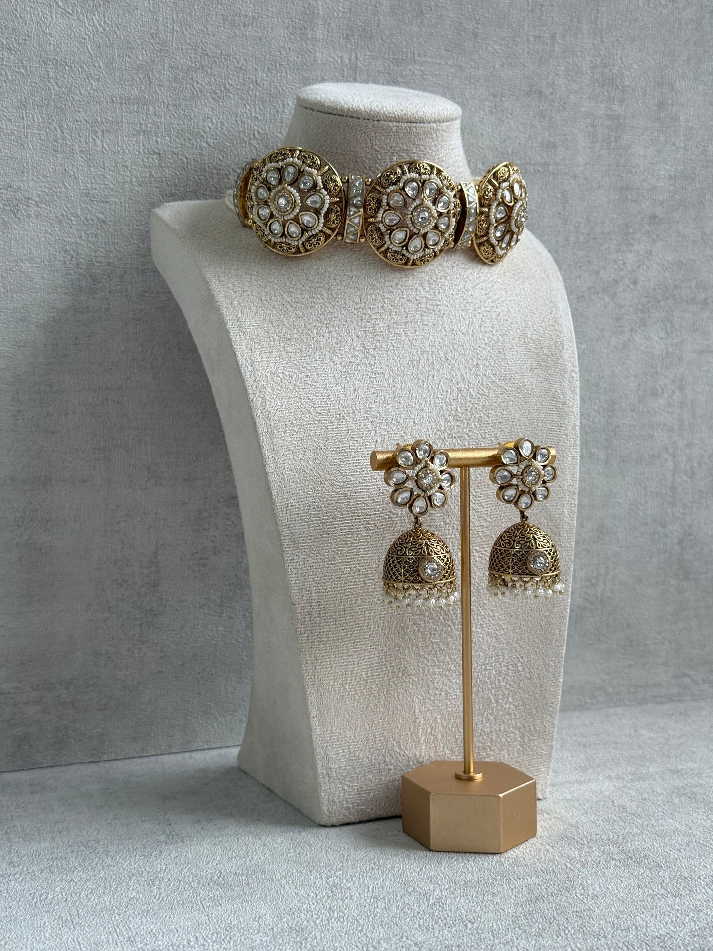 Ayura Designs Tanu Choker Set – Antique Gold Choker & Jhumkis with Kundan, Pearl Borders & Filigree Detailing