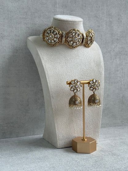 Ayura Designs Tanu Choker Set – Antique Gold Choker & Jhumkis with Kundan, Pearl Borders & Filigree Detailing