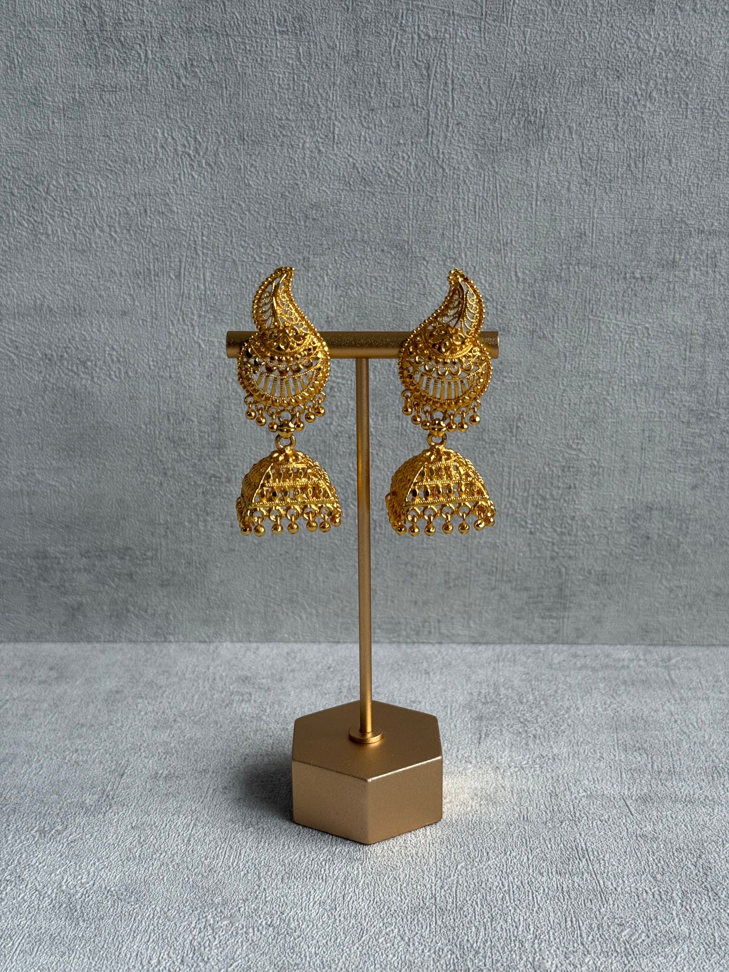 Ayura Designs Sonal Jhumkis – Antique Gold Filigree Earrings with Dome Detailing & Mini Ghungroos