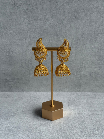 Ayura Designs Sonal Jhumkis – Antique Gold Filigree Earrings with Dome Detailing & Mini Ghungroos