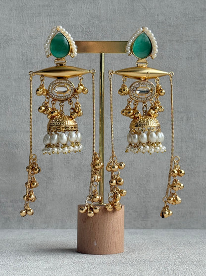 Ayura Designs Hoorza Earrings – Kashmiri Earrings with Mint Green Stones, Pearl Detailing & Ghungroo Chains