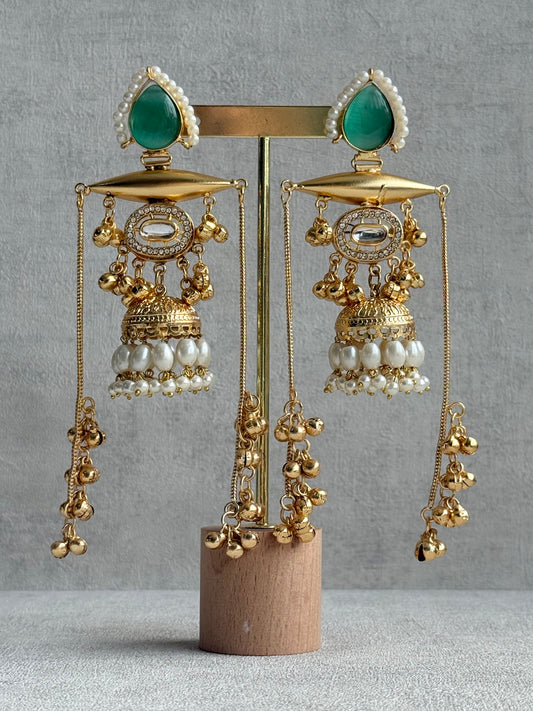 Ayura Designs Hoorza Earrings – Kashmiri Earrings with Mint Green Stones, Pearl Detailing & Ghungroo Chains