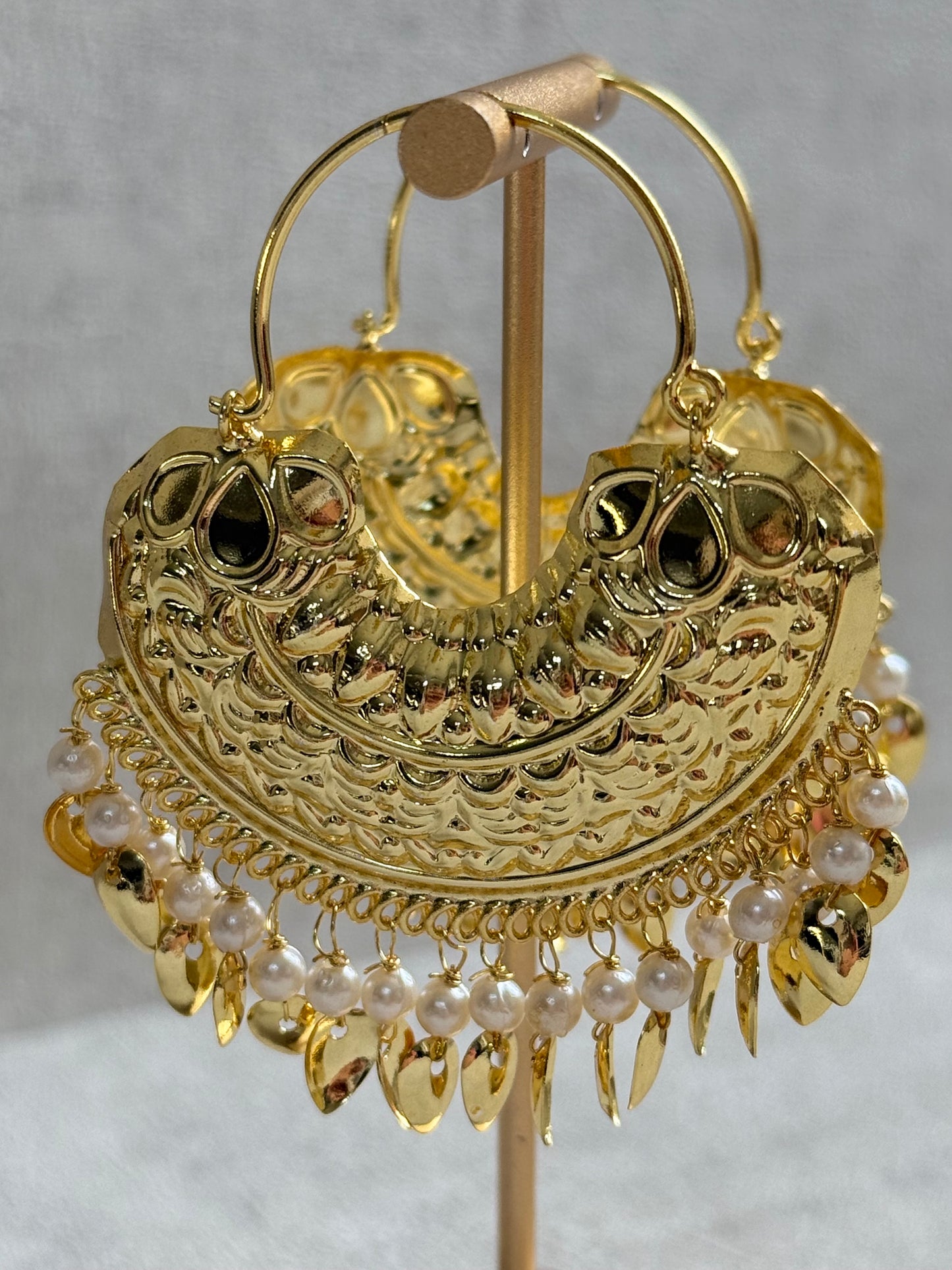 Ayura Designs Surkhab Balis – Pippal Patti Statement Earrings with Pearls & Gold Leaf Charms
