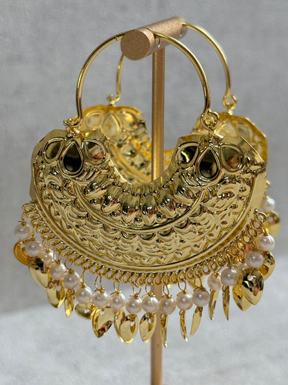 Ayura Designs Surkhab Balis – Pippal Patti Statement Earrings with Pearls & Gold Leaf Charms