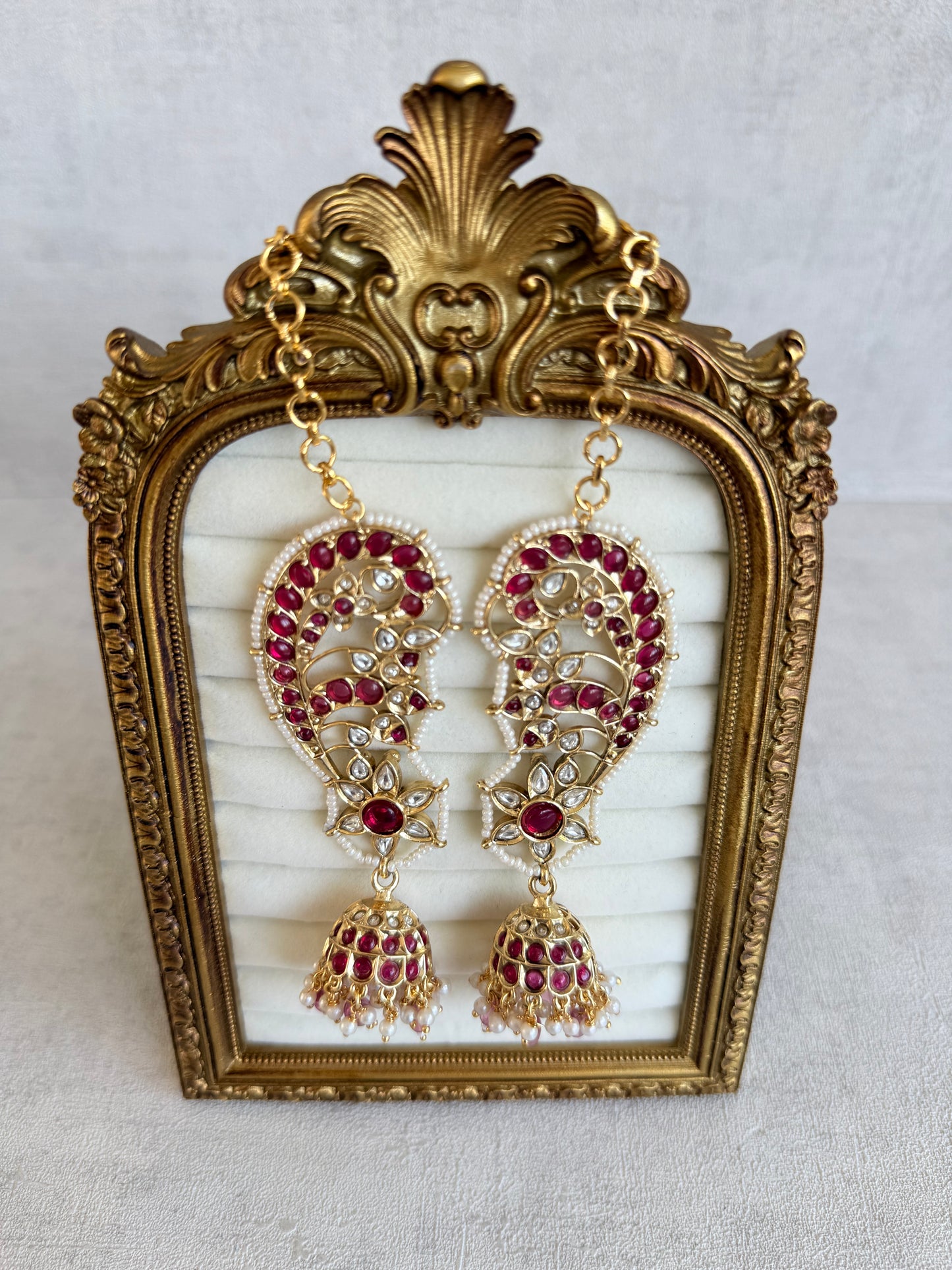 Ayura Designs Urisha Ear Climber Jhumkis – Ruby Pink, Kundan & Pearl Detailing