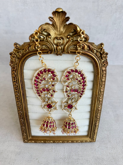 Ayura Designs Urisha Ear Climber Jhumkis – Ruby Pink, Kundan & Pearl Detailing