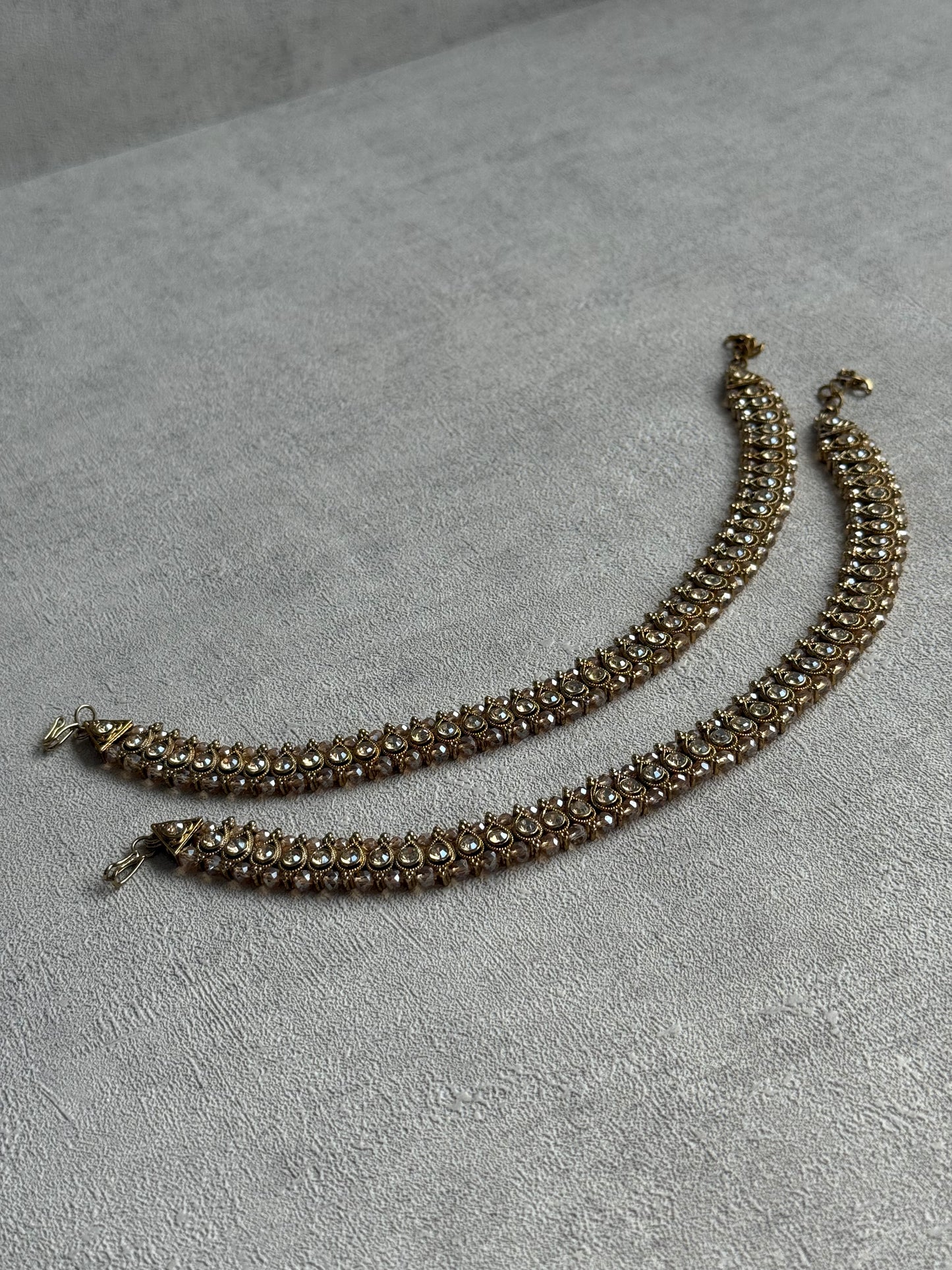 Ayura Designs Chandni Payals – Kundan Anklets with Champagne Crystals & Antique Gold Finish