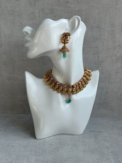 Ayura Designs Aima Necklace Set with Earrings – Antique Gold with Blush Pink & Aqua Green Stones