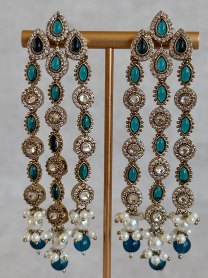 Ayura Designs Emilia Earrings – Gold Triple Strand Statement Earrings with Peacock Blue Stones & Pearl Drops