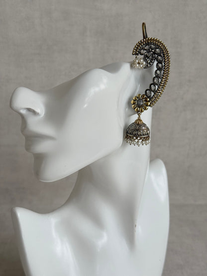 Ayura Designs Koyal Jhumkis – Oxidised Dual Tone Ear Climber Jhumkis with Kundan Stones & Pearl Detailing
