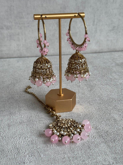 Ayura Designs Dastoor Tikka Set with Balis – Baby Pink Beads, Champagne Stones & Pearls