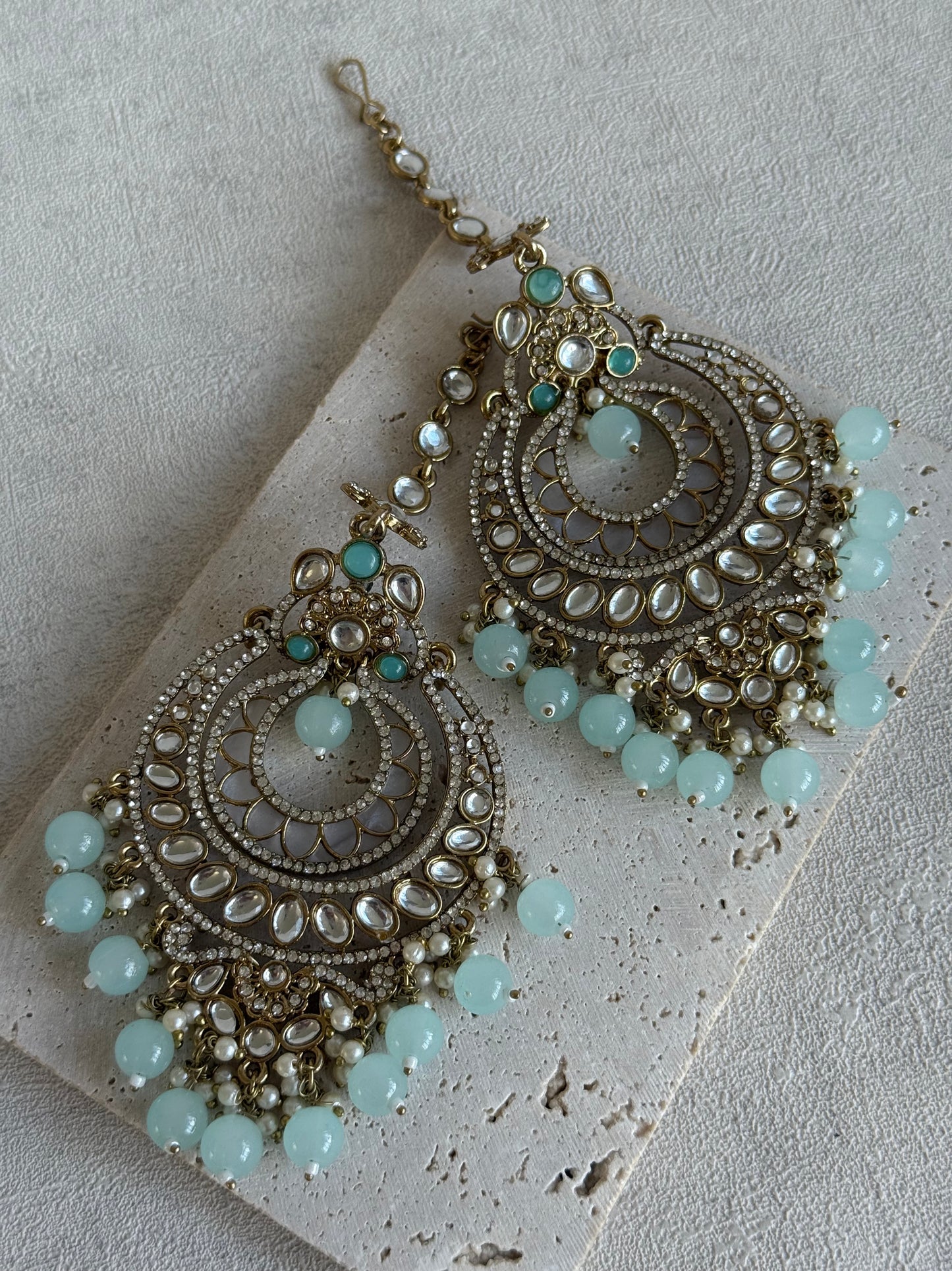 Ayura Designs Rabia Chandbalis – Antique Gold Kundan Earrings with Aqua Beads, Pearls & Attached Sahare