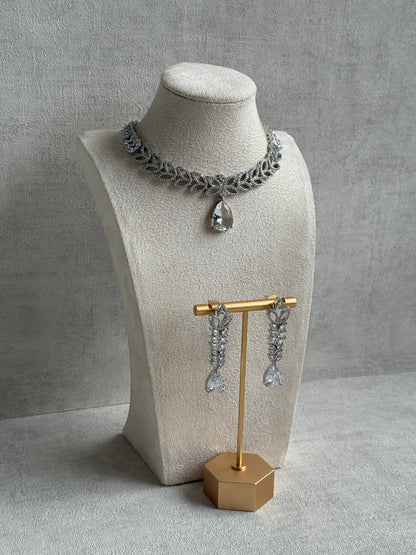 Ayura Designs Anastasia Set – Silver Necklace & Earrings with Teardrop Crystals & Leaf Motif Design