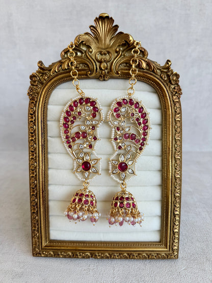 Ayura Designs Urisha Ear Climber Jhumkis – Ruby Pink, Kundan & Pearl Detailing