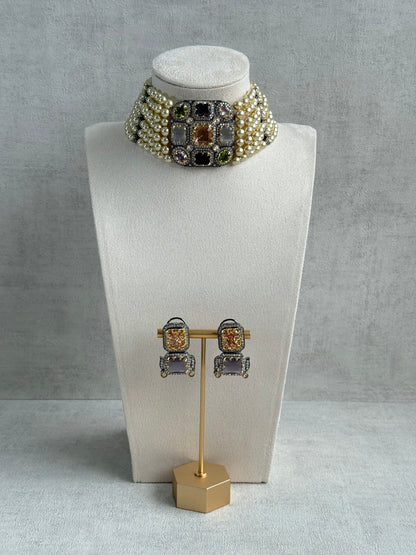 Ayura Designs Amelia Choker Set with Earrings – Moissanite Stonework with Layered Pearls in Antique Silver Finish (Soft Pastel Mix)