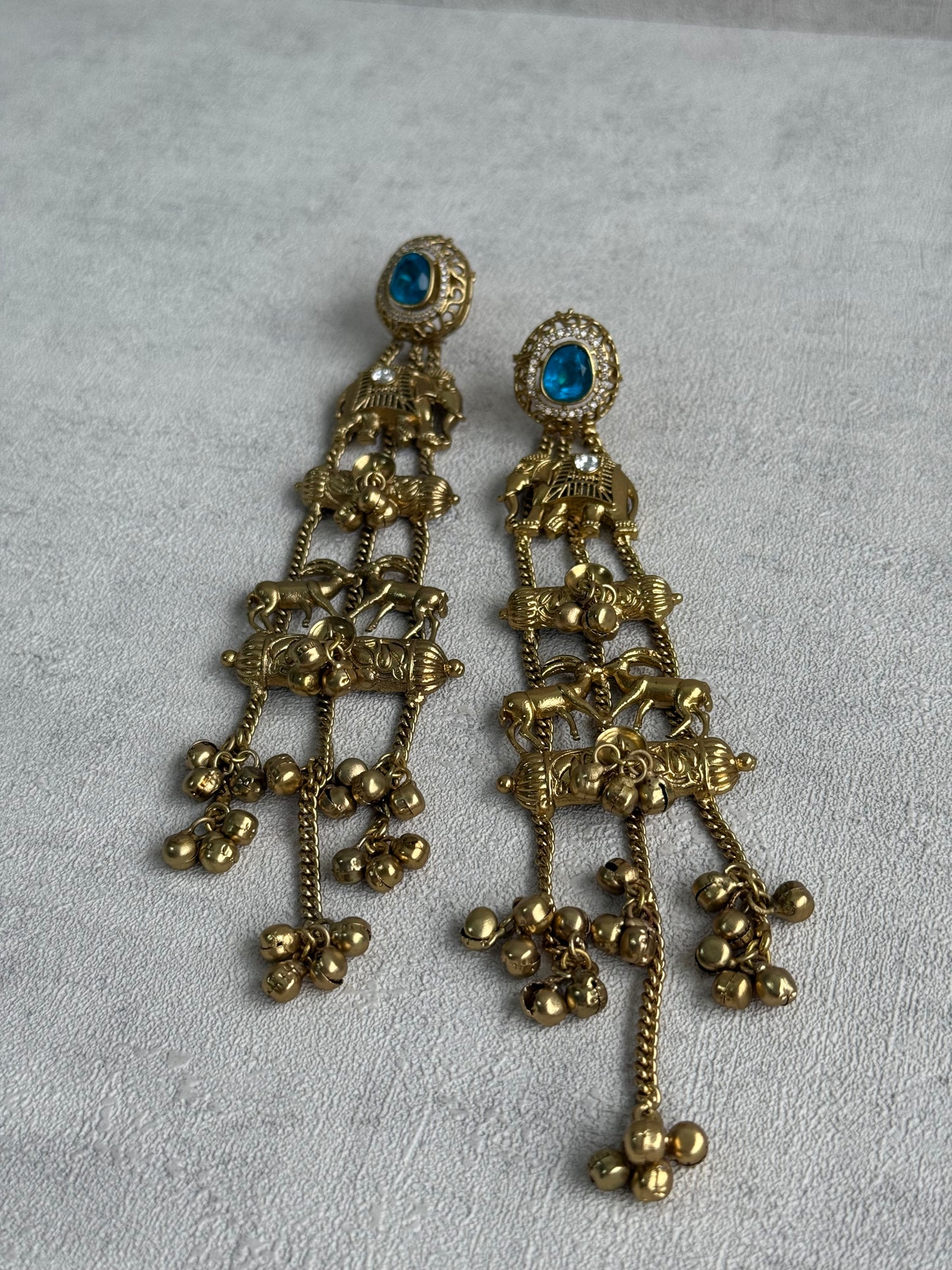 Ayura Designs Sonal Earrings – Antique Gold Dangler Earrings with Elephant & Deer Motifs, Blue Stone Tops & Ghungroo Detailing
