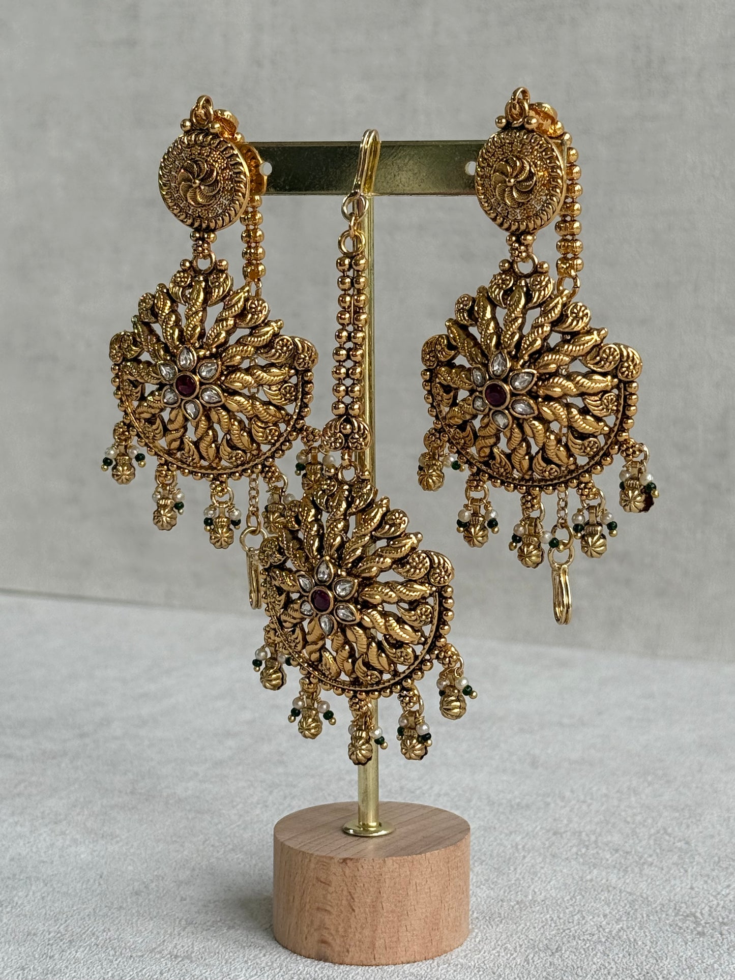 Ayura Designs Survi Tikka Set with Sahare Earrings – Antique Gold with Kundan, Pink Stones, Ivory & Green Beads