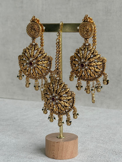 Ayura Designs Survi Tikka Set with Sahare Earrings – Antique Gold with Kundan, Pink Stones, Ivory & Green Beads