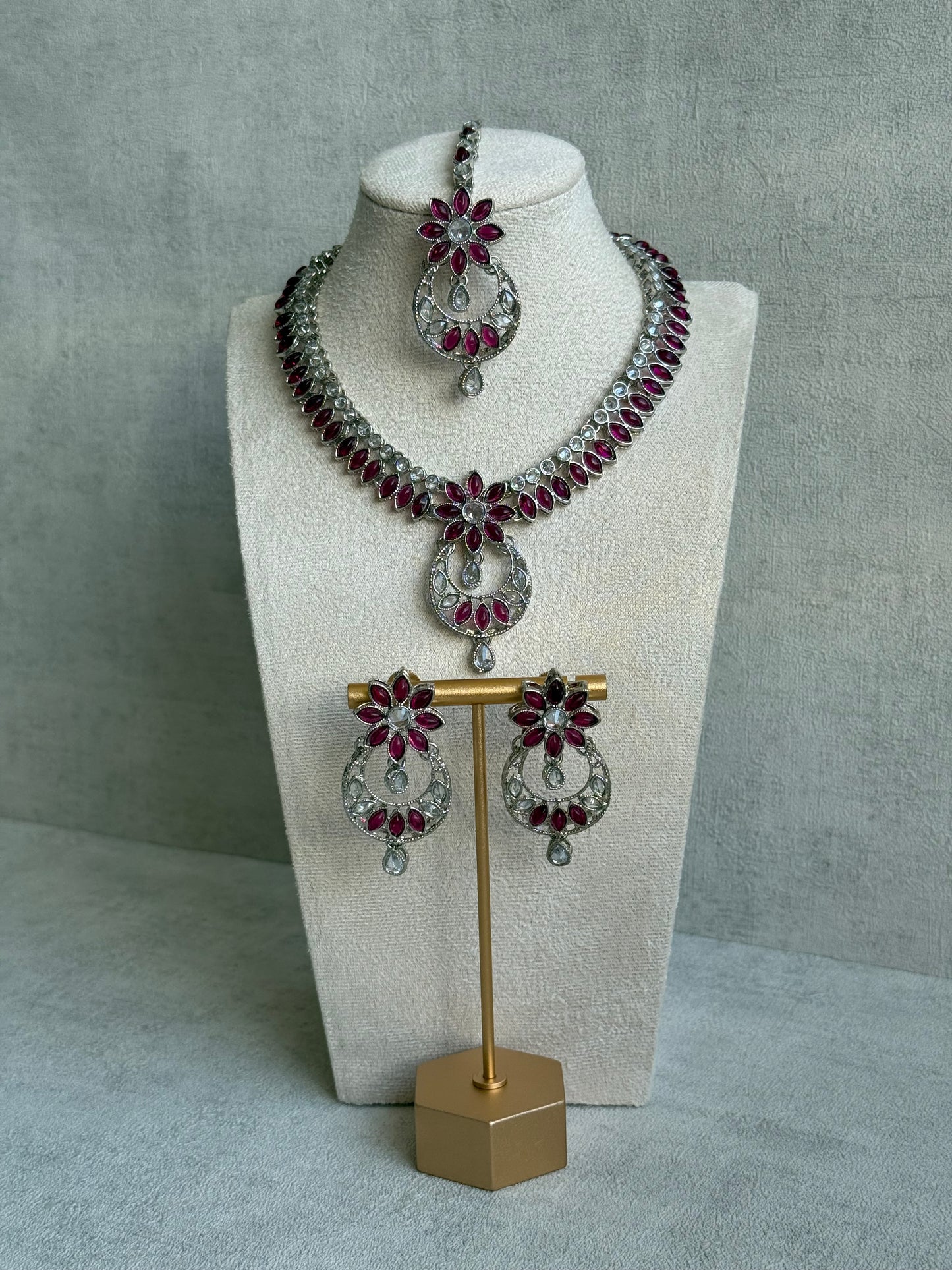 Ayura Designs Fareeha Set with Necklace, Earrings & Tikka – Mirror-Cut Stones, Fuchsia Floral Detailing & Silver Finish
