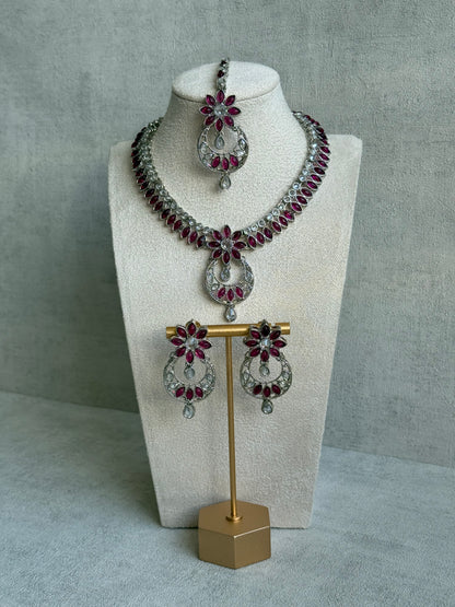 Ayura Designs Fareeha Set with Necklace, Earrings & Tikka – Mirror-Cut Stones, Fuchsia Floral Detailing & Silver Finish