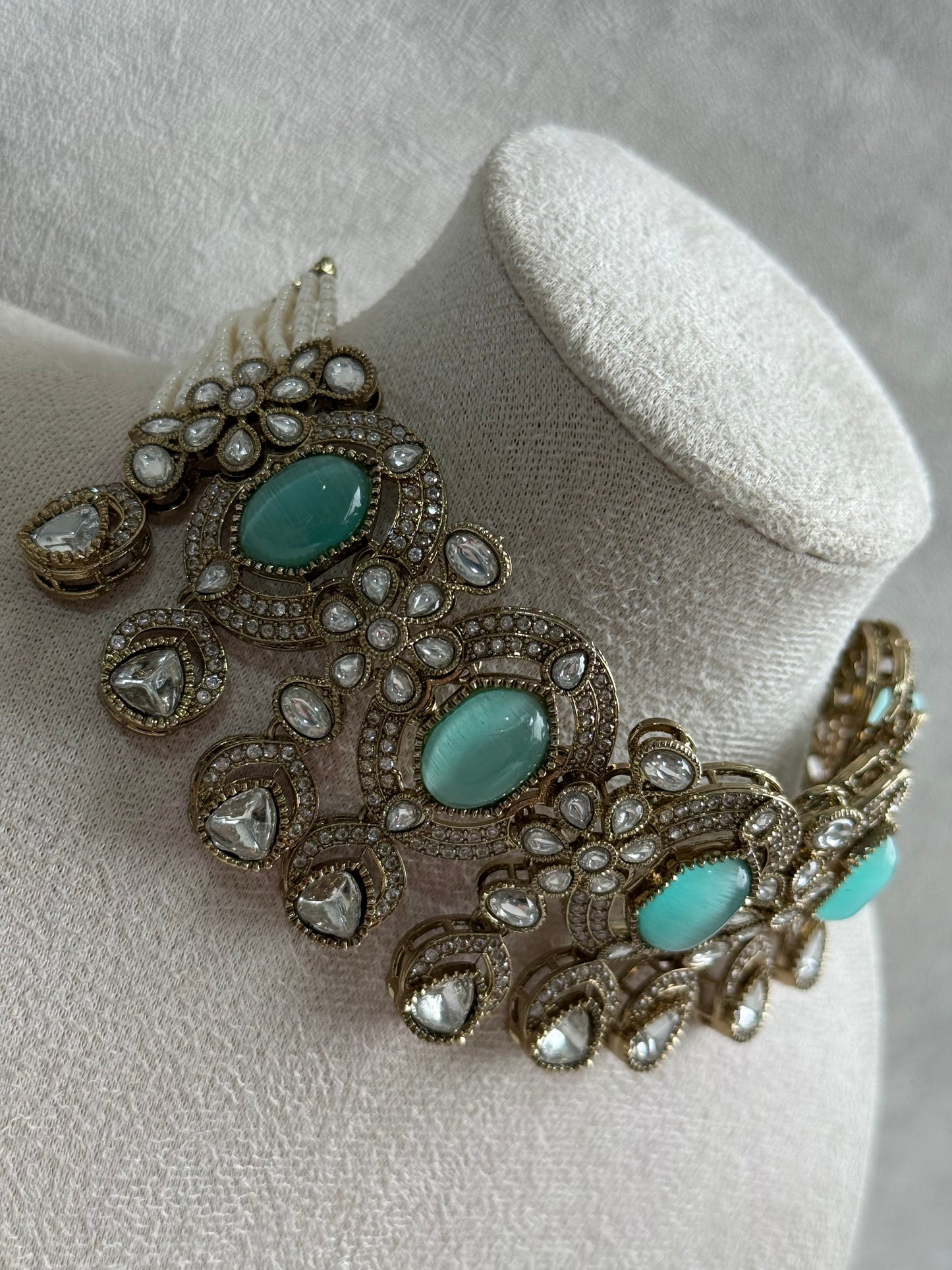Ayura Designs Emanya Choker Set – Choker, Earrings & Tikka with Mirror-Cut Stones, Aqua & Antique Gold Detailing