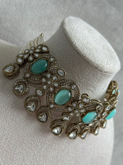 Ayura Designs Emanya Choker Set – Choker, Earrings & Tikka with Mirror-Cut Stones, Aqua & Antique Gold Detailing