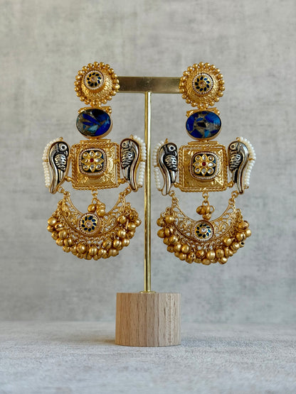 Ayura Designs Soha Earrings – Antique Gold with Midnight Blue Stone & Oxidised Parrots
