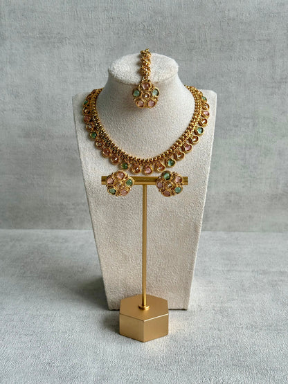 Ayura Designs Amala Set with Necklace, Studs & Tikka – Blush Pink & Pistachio Green Stones, Antique Gold Finish