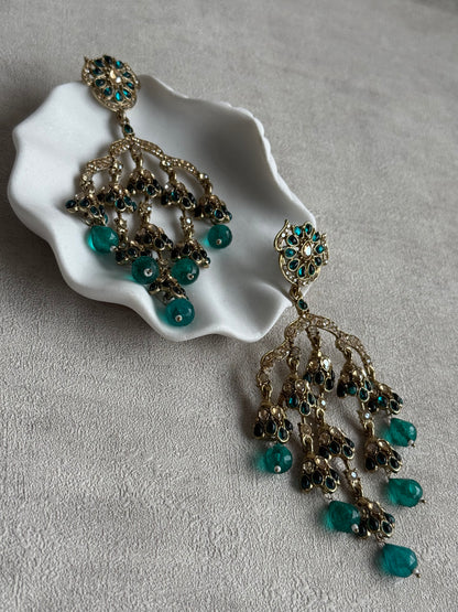 Ayura Designs Jasmine Earrings – Chandelier Earrings with Teal Green Beads & Antique Gold Detailing