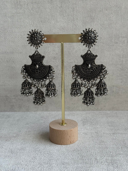 Ayura Designs Mahfar Earrings – Oxidised Silver Jhumkas with Sunburst Tops & Triple Dome Drops