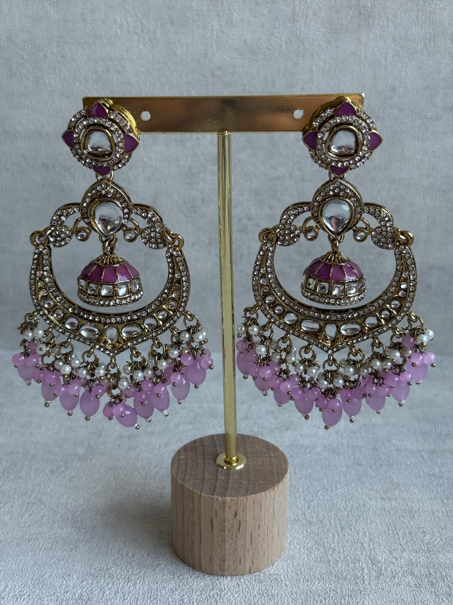 Ayura Designs Reha Earrings – Statement Chandbalis with Lavender Pink Beads, Pearls & Mirror-Cut Stones
