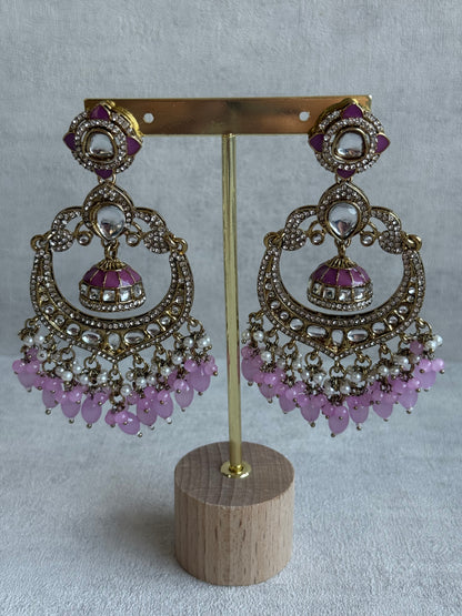 Ayura Designs Reha Earrings – Statement Chandbalis with Lavender Pink Beads, Pearls & Mirror-Cut Stones