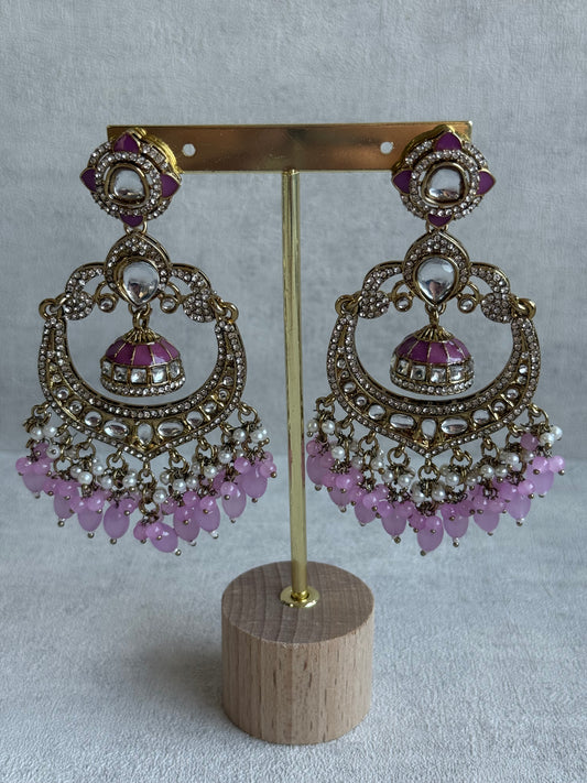 Ayura Designs Reha Earrings – Statement Chandbalis with Lavender Pink Beads, Pearls & Mirror-Cut Stones