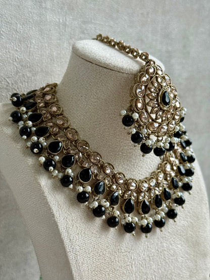 Ayura Designs Emaan Set with Jhumkis & Tikka – Black Beads, Mirror-Cut Stones & Antique Gold Finish