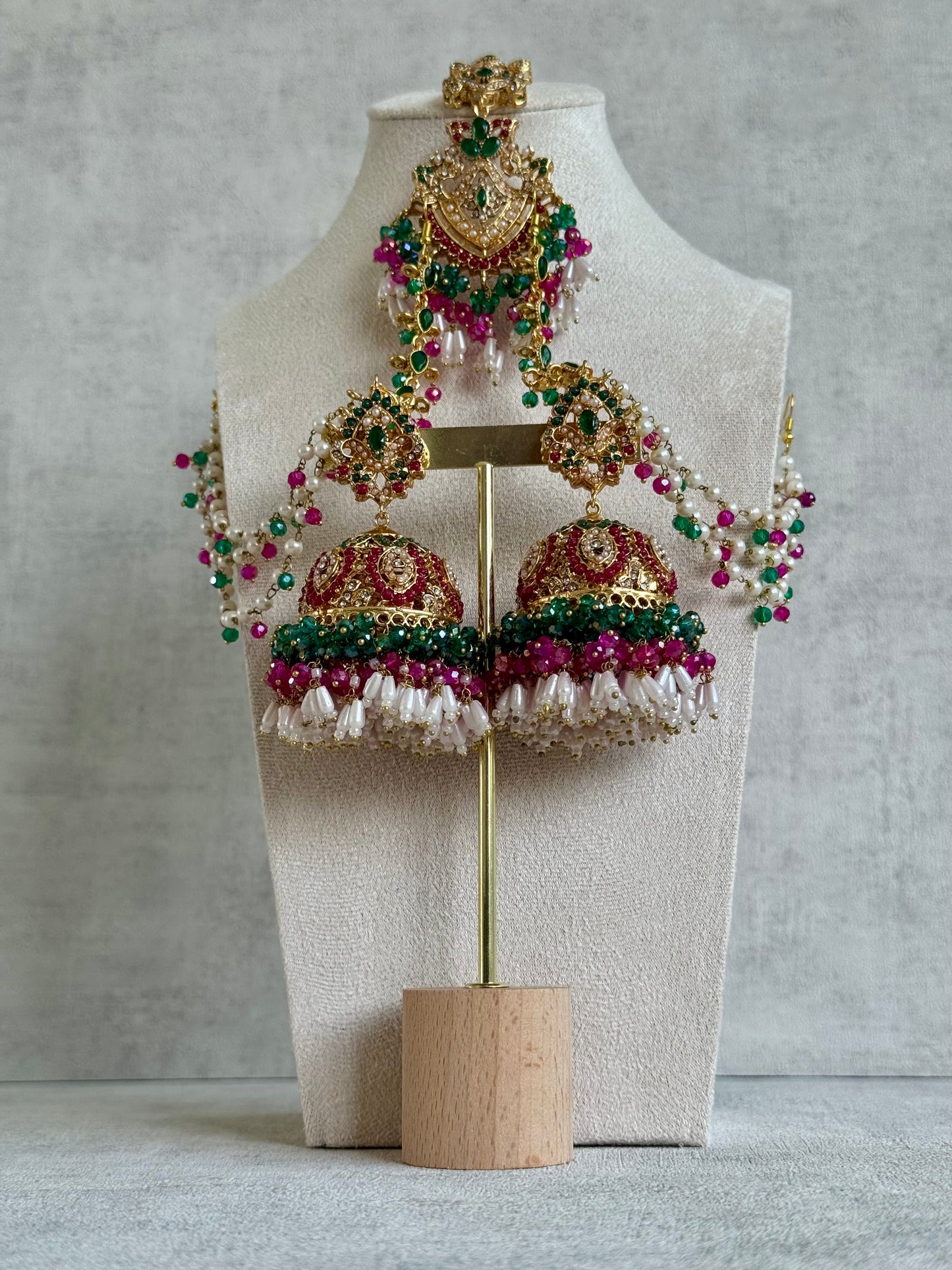 Ayura Designs Safia Tikka Set with Sahare Earrings – Multicolour (Emerald Green, Hot Pink & Ivory Beads)