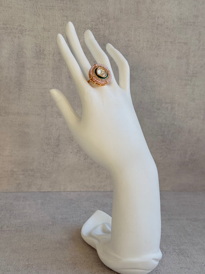 Ayura Designs Roselle Adjustable Ring – Moissanite Centre with Crystal Border & Blush Pink Beads