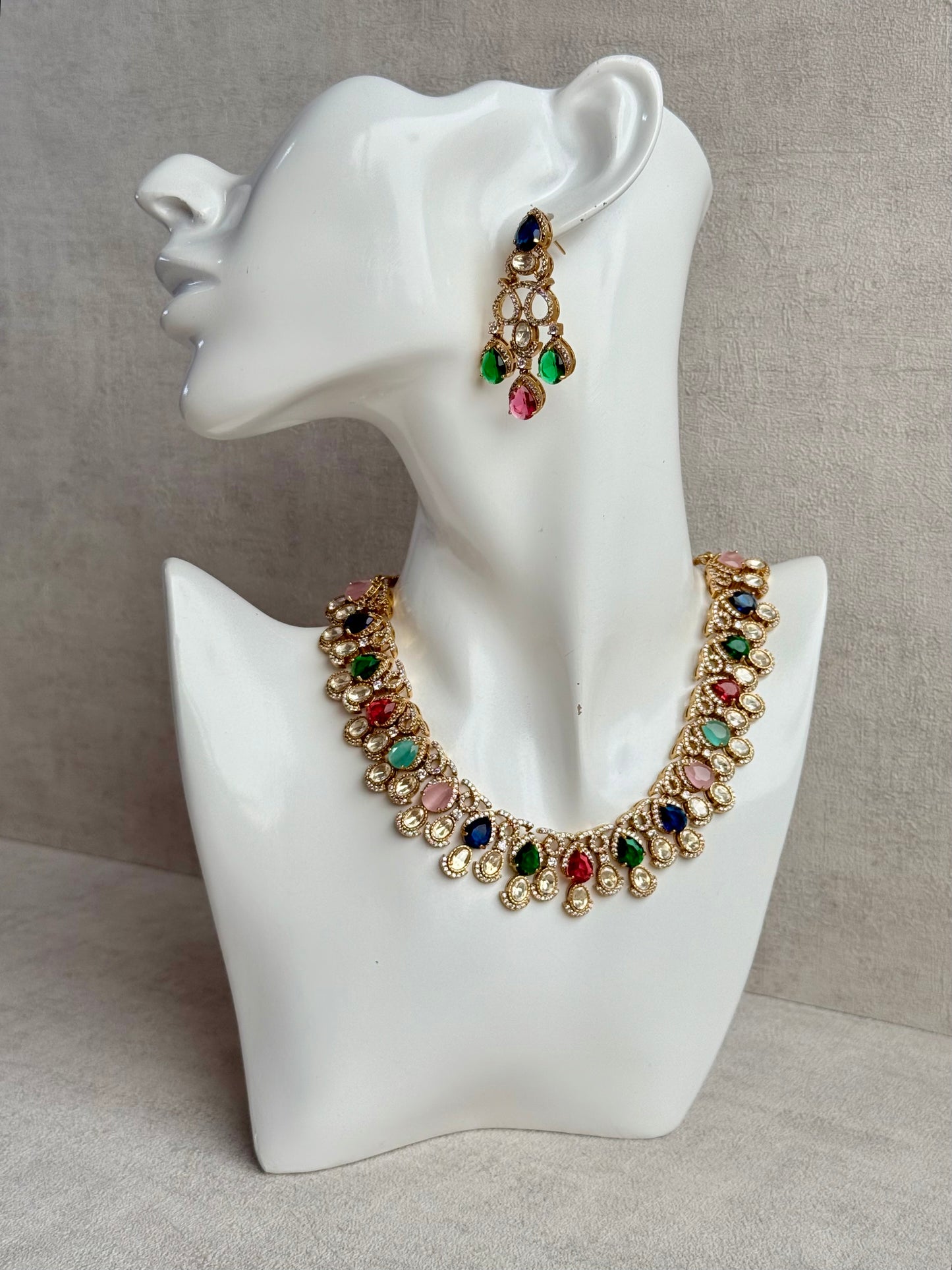 Ayura Designs Sylvie Necklace Set with Earrings – Gold Finish with Moissanite Crystals & Multicolour Stones