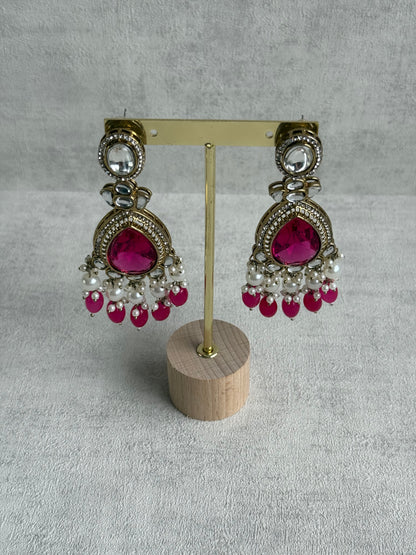 Ayura Designs Nageen Earrings – Antique Gold Jhumkis with Hot Pink Stones, Mirror-Cut Accents & Pearl Drops